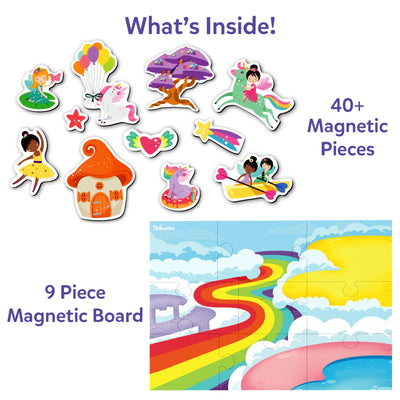Children’s magnetic play set with fantasy-themed pieces and a magnetic board for ages 3-7