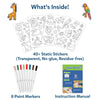 What’s Inside” layout displaying the contents of the Color Clingz Amazing Animals kit. Several black-and-white sticker sheets with outlined animal designs are spread out, showing lions, elephants, giraffes, birds, and butterflies. Below are eight paint markers in different colors and a printed instruction manual. Text highlights “40+ static stickers” that are transparent, glue-free, and residue-free.