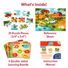 Contents of the Skillmatics Puzzle & Learn All About Farm Animals set showing 25 large puzzle pieces, a colorful farm reference sheet, 6 double-sided educational learning boards, and an instruction manual. The image clearly presents everything included inside the educational puzzle kit.