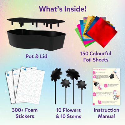 Skillmatics Foil Fun Mosaics kit contents display showing black flower pot and lid, colourful foil sheets, foam sticker sheets, flower shapes with stems, and instruction manual. Text highlights included items: pot and lid, 150 colourful foil sheets, 300+ foam stickers, 10 flowers, 10 stems, and instructions.