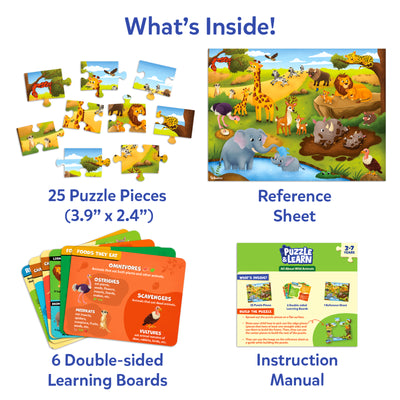 Contents of the Skillmatics Puzzle & Learn: All About Wild Animals set displayed on a white background. Includes twenty-five large puzzle pieces, a full-color reference sheet, six double-sided educational learning boards and an instruction manual for children aged 3–7.