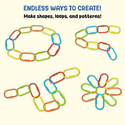 Multiple colorful plastic links arranged into different shapes on a light background, including loops, chains, abstract forms, and a flower-like pattern. Text at the top reads “Endless ways to create,” followed by “Make snakes, loops, shapes & more.” The image demonstrates how the same set of links can be connected to form varied creative designs.