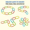 Multiple colorful plastic links arranged into different shapes on a light background, including loops, chains, abstract forms, and a flower-like pattern. Text at the top reads “Endless ways to create,” followed by “Make snakes, loops, shapes & more.” The image demonstrates how the same set of links can be connected to form varied creative designs.