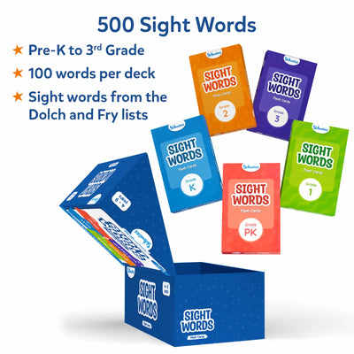 Colorful sight word flashcard decks for Pre-K to 3rd grade in a blue storage box