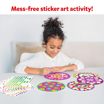 Young girl creating colorful mandala sticker art with Dot it Mandala Art kit