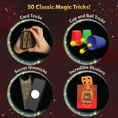 A showcase of four types of magic tricks included in the Skillmatics Classic Magic Kit. The image shows circular icons with images of a hand holding playing cards, a magician's cup with balls, a black box with a secret gimmick, and the ‘Red Hot Buttons’ trick. The design features golden stars surrounding each icon, giving a magical effect and highlighting the range of card tricks, cup and ball tricks, secret gimmicks, and incredible illusions.