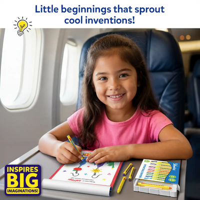 Young girl seated at an airplane tray table happily drawing in the Skillmatics Inventor Sprouts activity book using retractable crayons. The open crayon case and extra crayons are placed beside the book, showing the travel-friendly activity kit designed for creative play on the go.
