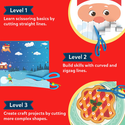 Educational guide showing three levels of scissor skills progression for Snip Snip Holiday Magic Kit