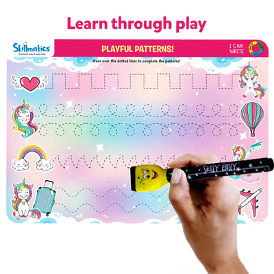 Pre-writing activity mat with unicorn and travel-themed patterns for tracing for ages 3-6