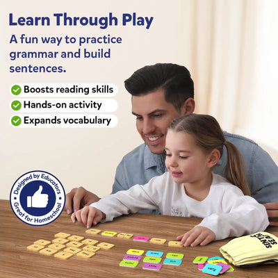 Colorful word tiles for building sentences in Sentence Search activity for ages 5-8