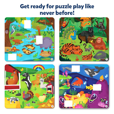 Four illustrated Skillmatics Tape It! puzzle boards displayed in a grid. Each board features vibrant scenes — forest animals like tigers, monkeys, and peacocks, underwater creatures like fish and whales, farm animals such as horses and hens, and river wildlife like hippos and frogs. White square cutouts mark missing pieces for children to fill with matching stickers.