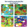 Four illustrated Skillmatics Tape It! puzzle boards displayed in a grid. Each board features vibrant scenes — forest animals like tigers, monkeys, and peacocks, underwater creatures like fish and whales, farm animals such as horses and hens, and river wildlife like hippos and frogs. White square cutouts mark missing pieces for children to fill with matching stickers.