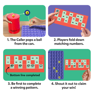 Step-by-step “How to Play” graphic for Pop-Reveal Housie. Panels show a player popping a numbered ball from the red can, players folding down matching numbers on housie cards, completion of a winning pattern, and a final claim check using the number tray. Each step is illustrated with hands, cards, numbers, and clear captions.