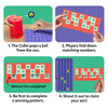 Step-by-step “How to Play” graphic for Pop-Reveal Housie. Panels show a player popping a numbered ball from the red can, players folding down matching numbers on housie cards, completion of a winning pattern, and a final claim check using the number tray. Each step is illustrated with hands, cards, numbers, and clear captions.