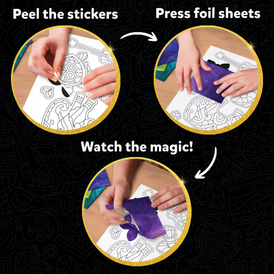 Children’s foil art kit showing a three-step creative process for ages 7 and up