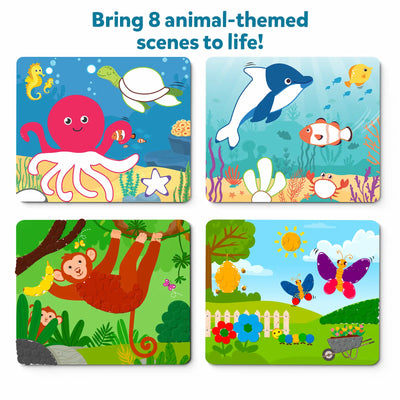 Four colorful illustrated animal puzzle boards from Dot it Wild Farm Underwater Animals for ages 3-7