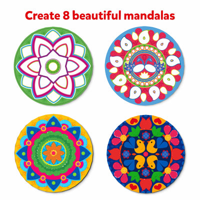 Four colorful Mandala art kits for kids ages 3-7 in Dot it! No Mess Sticker Art set
