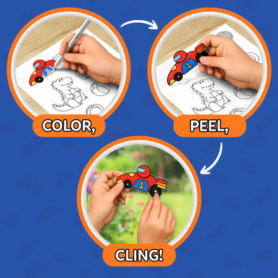 Step-by-step visual guide showing the Color Clingz process. Circular frames display hands coloring a car sticker, peeling it from the sheet, and placing it onto a glossy surface. Bold text labels each step as “COLOR,” “PEEL,” and “CLING!” with arrows connecting the sequence, emphasizing easy, mess-free creative play for kids.