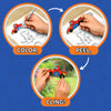 Step-by-step visual guide showing the Color Clingz process. Circular frames display hands coloring a car sticker, peeling it from the sheet, and placing it onto a glossy surface. Bold text labels each step as “COLOR,” “PEEL,” and “CLING!” with arrows connecting the sequence, emphasizing easy, mess-free creative play for kids.