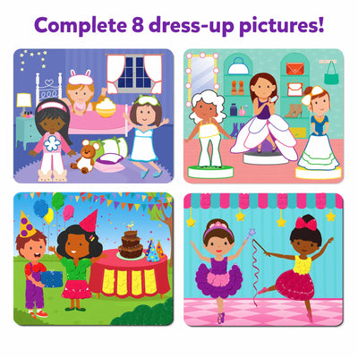 Colorful children’s puzzle set with four scenes and characters from Dot it! Dress up game