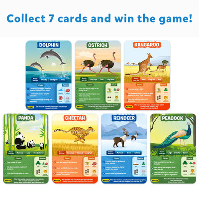 Animal-themed educational trivia cards featuring facts and characteristics for kids ages 6+