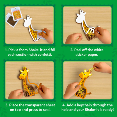 A four-panel instructional graphic shows hands assembling a giraffe foam shake-it on a wooden surface. Steps include filling sections with confetti, peeling white backing paper, placing a transparent sheet to seal the foam shape, and attaching a keychain loop. Each step is numbered and framed on a green background with clear visual progression.