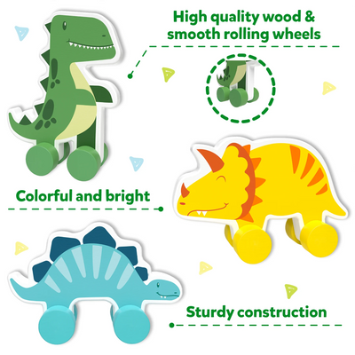 Colorful wooden dinosaur toys on wheels for toddlers aged 9 months to 3 years