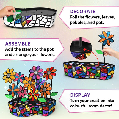 Skillmatics Foil Fun Mosaics activity guide showing the creative process: decorating flowers, leaves, pebbles, and pot with foil sheets; assembling stems into the pot; and displaying the finished colourful 3D mosaic flower decoration. Images show hands applying foil pieces and the completed sparkling flower pot.