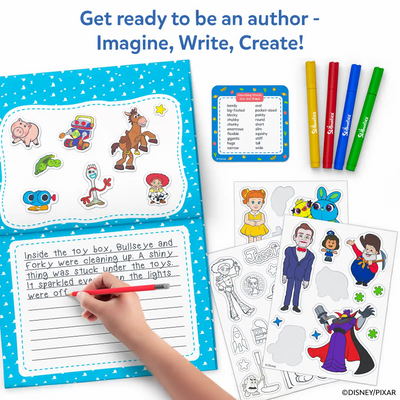 Contents of Skillmatics Toy Story My Story Art Kit displayed on white background under header "What's Inside!" Items shown include a blue Toy Story Story Pad, 30+ DIY stickers, 70+ colorful character stickers, 8 vocabulary list cards, 10 Skillmatics markers in assorted colors, 2 red pencils, and an instruction manual.