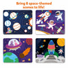 Four space-themed activity cards with planets rockets astronauts and aliens for kids ages 3-7