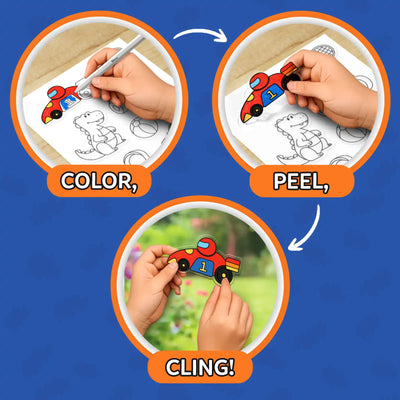 Step-by-step visual guide showing the Color Clingz process. Circular frames display hands coloring a car sticker, peeling it from the sheet, and placing it onto a glossy surface. Bold text labels each step as “COLOR,” “PEEL,” and “CLING!” with arrows connecting the sequence, emphasizing easy, mess-free creative play for kids.
