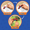 Step-by-step visual guide showing the Color Clingz process. Circular frames display hands coloring a car sticker, peeling it from the sheet, and placing it onto a glossy surface. Bold text labels each step as “COLOR,” “PEEL,” and “CLING!” with arrows connecting the sequence, emphasizing easy, mess-free creative play for kids.