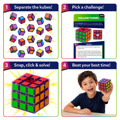 Four-step visual guide for Skillmatics Klixokubes showing how to play: separate the magnetic cubes, choose a challenge card, snap cubes together to build the required structure, and complete the puzzle. A child proudly displays a finished cube while encouraging players to beat their best time.