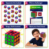 Four-step visual guide for Skillmatics Klixokubes showing how to play: separate the magnetic cubes, choose a challenge card, snap cubes together to build the required structure, and complete the puzzle. A child proudly displays a finished cube while encouraging players to beat their best time.