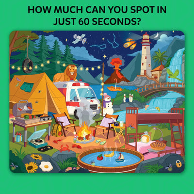 "A bright illustrated game scene used for memory testing shows a campsite with numerous detailed objects. Visible elements include a lion an ambulance, a volcano erupting in the background, a lighthouse, bridge, snowman, campfire, tent, chairs, pond with floating objects, stars and constellations in the night sky, and scattered food and tools. Large green letter cards labeled O, M, A, V, and C surround the image. Text  the top says “Test your memory and shout answers that match your letters!” and a banner