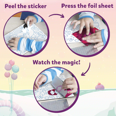 Child’s Foil Art Kit with stickers pressing foil and revealing unicorn and princess designs