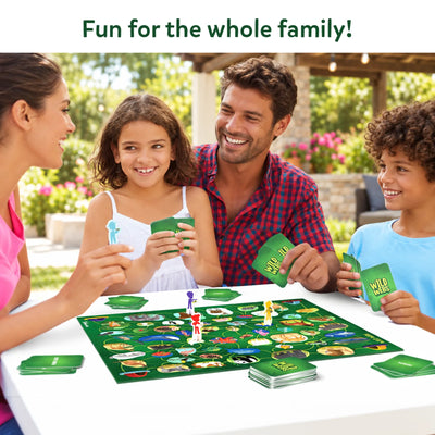 Family playing Wild Webs Animal Learning Board Game with cards and player pieces