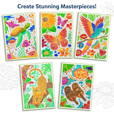 Collage of finished Paint-Over Art masterpieces displayed on white background, featuring vividly colored animals like parrot, sea turtle, leopard, butterflies and underwater scenes, showcasing bright marker fills, detailed patterns and tropical themed illustrations.