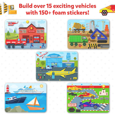 Set of five vehicle-themed illustrated puzzles or sticker scenes for kids ages 4-7