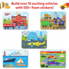 Set of five vehicle-themed illustrated puzzles or sticker scenes for kids ages 4-7