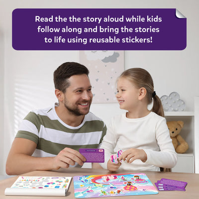 Father and child using colorful unicorn and princess cards and puzzle board in Sticker Stories Unicorns & Princesses kit
