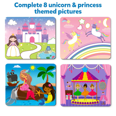 Colorful themed activity cards with princesses, unicorns, mermaids, and ballerinas for kids