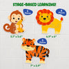 Skillmatics Bathtime Puzzles stage-based learning graphic showing three foam animal puzzles with increasing difficulty levels. The monkey has 3 pieces, the lion has 4 pieces, and the tiger has 5 pieces. Each puzzle includes dimensions, demonstrating a gradual progression suitable for young children.