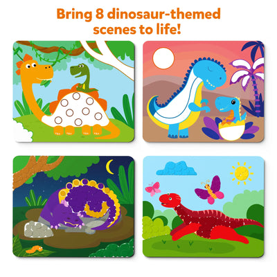 Four square dinosaur-themed art boards from Dot it! World of Dinosaurs sticker art for kids