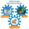 Skillmatics Spinny Gears Animal Fun shown in three play settings inside blue gear-shaped frames. Top-left shows lion and caterpillar gears on an airplane window, top-right shows lion and elephant gears on a car window, bottom-center shows three animal gears on a smooth white surface. Orange labels read 