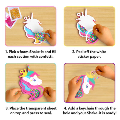 A four-panel instructional layout shows hands assembling a unicorn foam shake-it on a wooden surface. Steps include filling sections with colorful confetti, peeling off white backing paper, placing a transparent sheet to seal the foam shape, and attaching a keychain loop through the top hole. Each step is numbered and framed against a purple background for clear visual guidance.