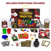 The complete contents of the Skillmatics Classic Magic Kit spread out on a white background. The kit includes various props like playing cards, coloured cups, yellow balls, a black magician’s wand, instructional manual, and other props for tricks such as ‘Kings to Aces’ and ‘Red Hot Buttons.’ The items are neatly arranged next to the product box, offering a detailed view of the magical tools included to perform 50 thrilling tricks.