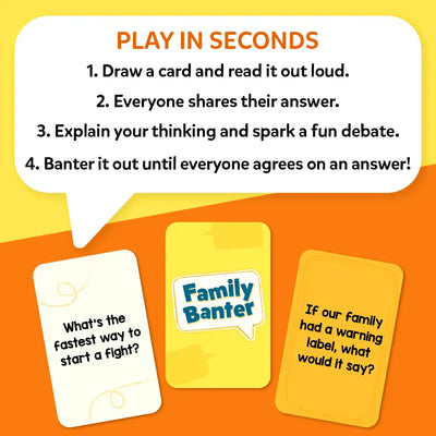 Skillmatics Family Banter how-to-play instructions on a yellow and orange background. A white speech bubble lists four steps: Draw a card and read it aloud, Everyone shares their answer, Explain your thinking and spark a fun debate, Banter it out until everyone agrees. Three cards shown below: one asking What's the fastest way to start a fight, a yellow Family Banter branded card back, and one asking If our family had a warning label what would it say. Header reads Play In Seconds.