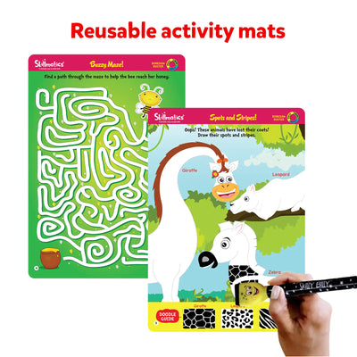 Reusable activity mats with mazes and animal drawing exercises for kids ages 3-6