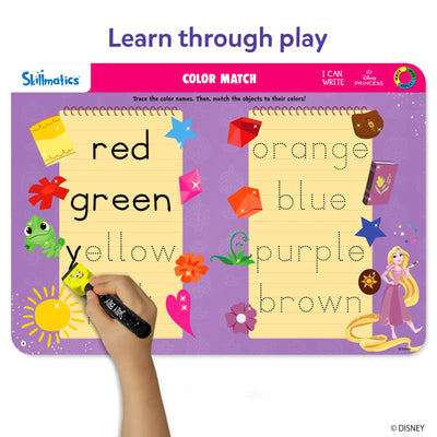 Purple Skillmatics Color Match learning board with child’s hand holding a pen for I Can Write Disney Princesses activity mats